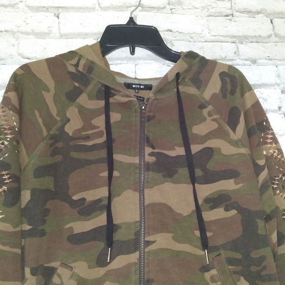 Miss Me Womens Small Camo Hoodie Embroidered Embellished Studded Full Zip - Picture 2 of 10